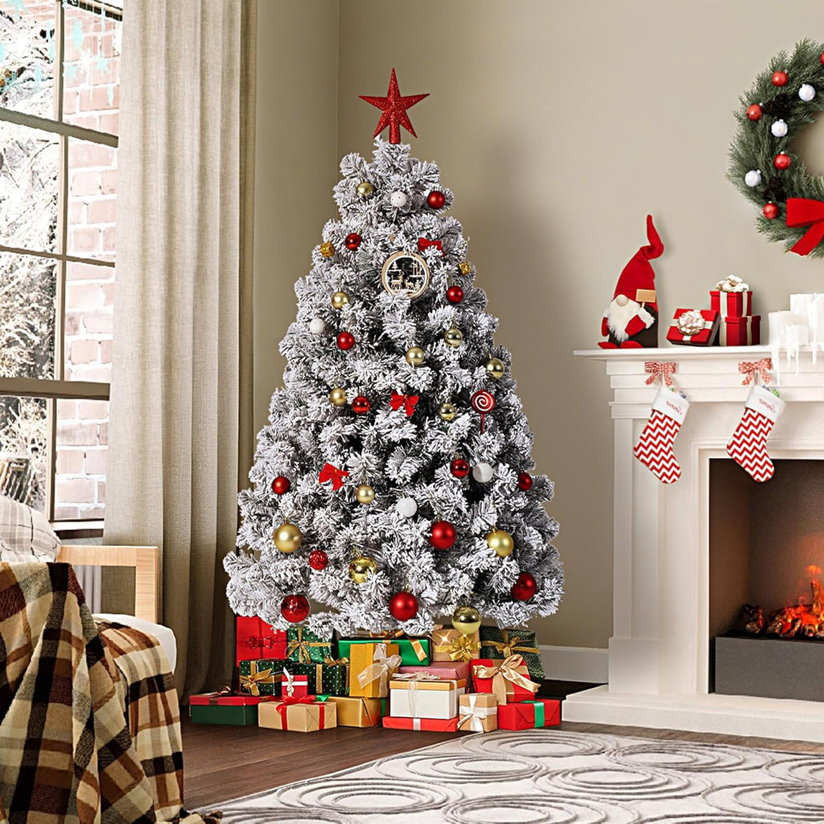 GarveeHome 6ft Prelit Artificial Christmas Tree with Warm White Lights, Snow Flocked Full Xmas Tree