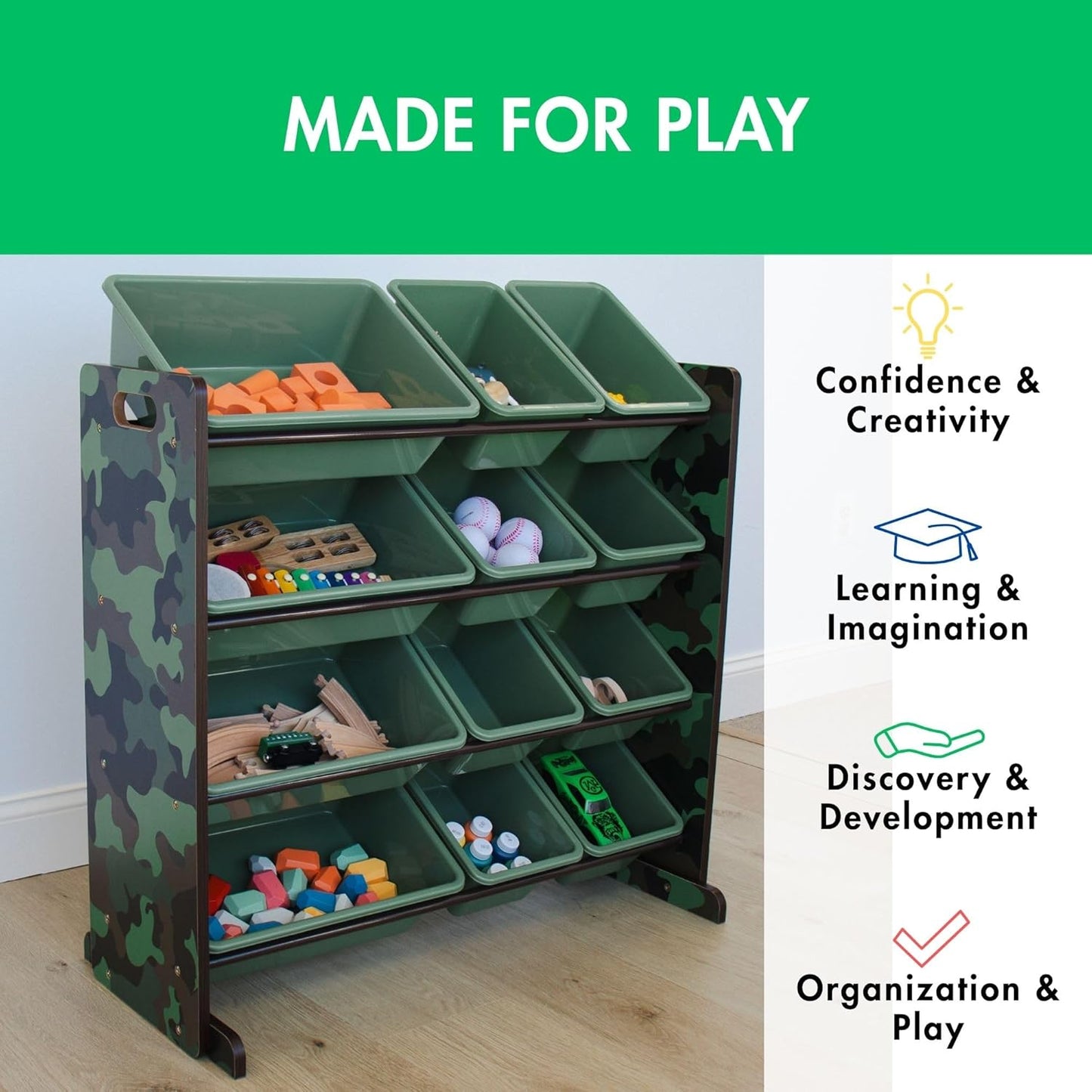 Humble Crew Kids Toy Storage Organizer with 12 Plastic Bins, Camo – Removable Bins for Playroom