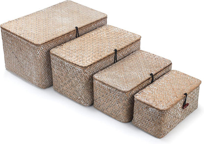 Wicker Basket with Lid, Seagrass Storage Basket, Woven Decorative Storage Baskets for Shelf