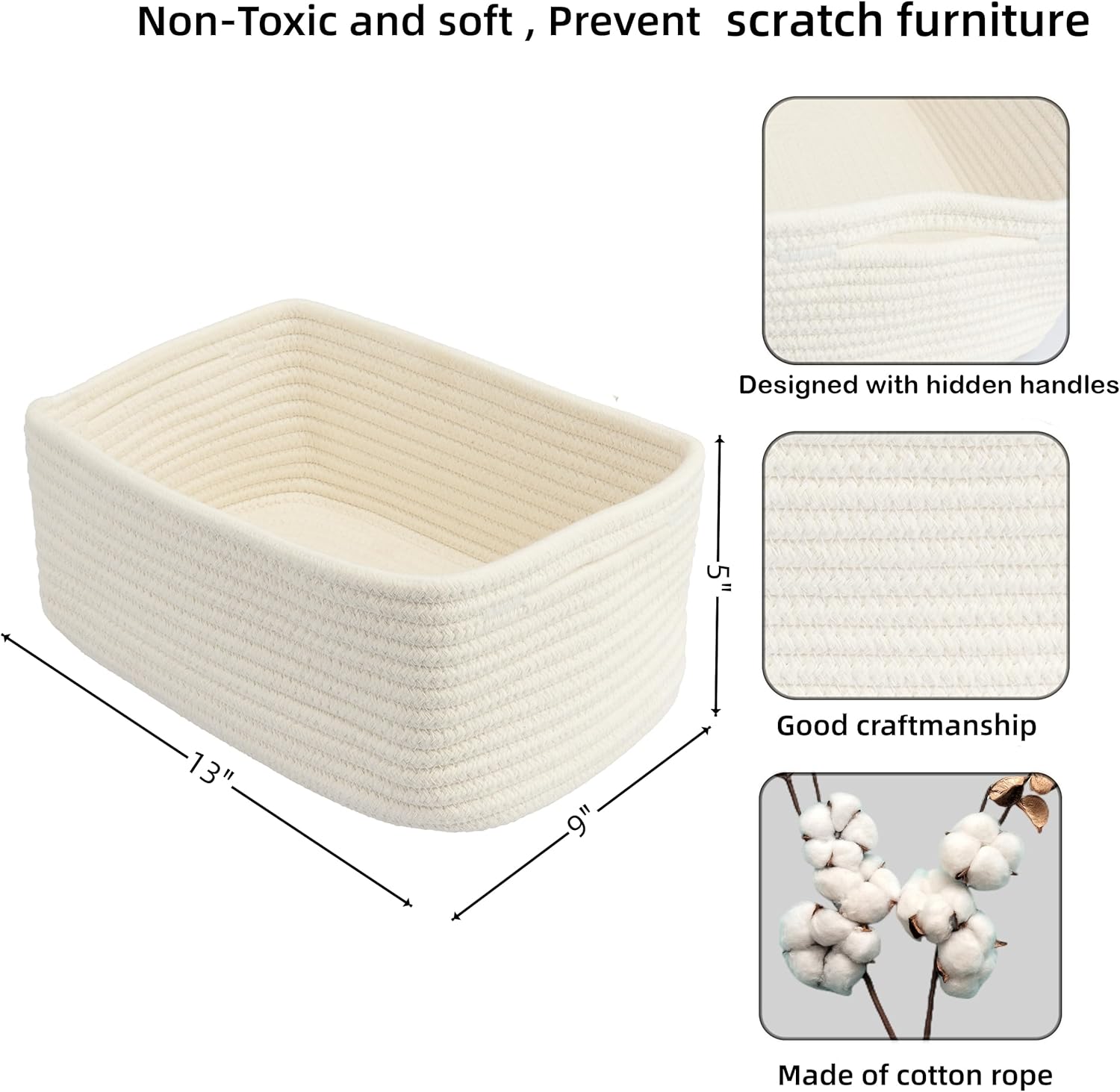 Small Woven Storage Baskets 13“X9”X5“ Decorative Rope Bins for Organizing Shelves, Closets, and
