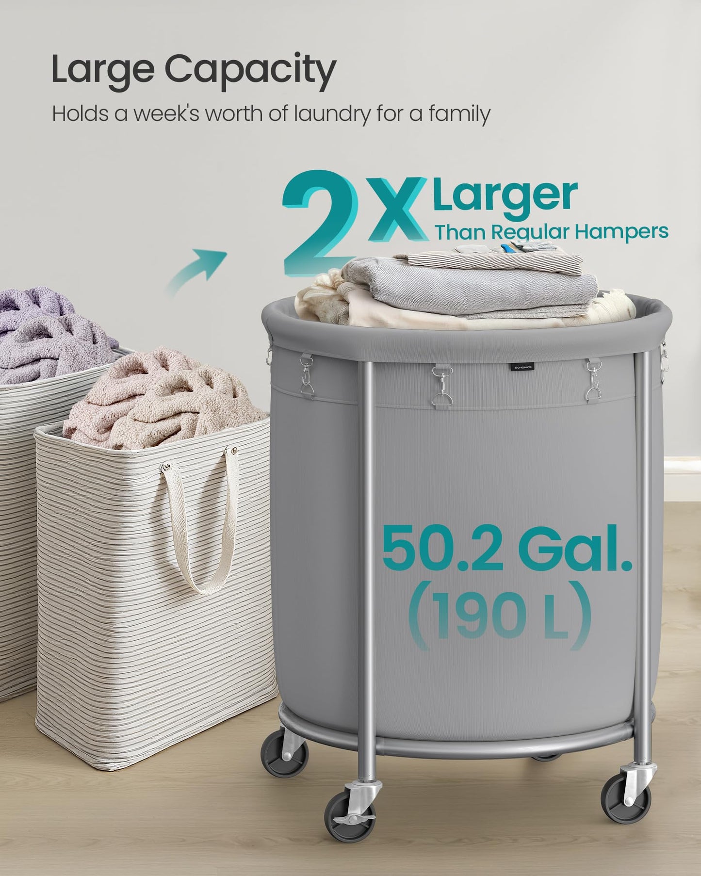 SONGMICS Laundry Basket, Rolling Steel Frame with 2 Locking Wheels, 190 L