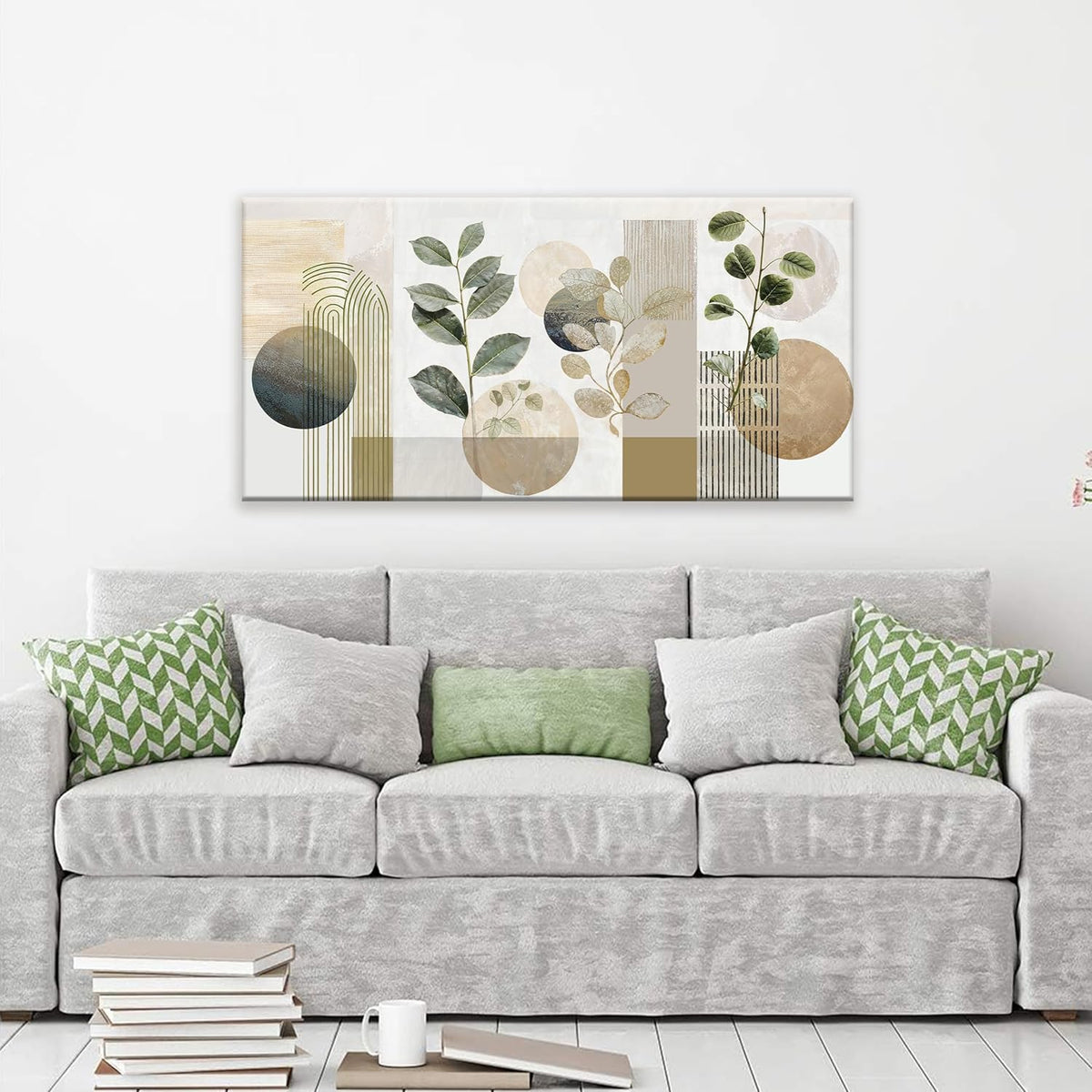 TAIJXAGSG Green Boho Wall Art Minimalist Canvas Wall Art Decor Geometric Line Leaf Beige Green Wall