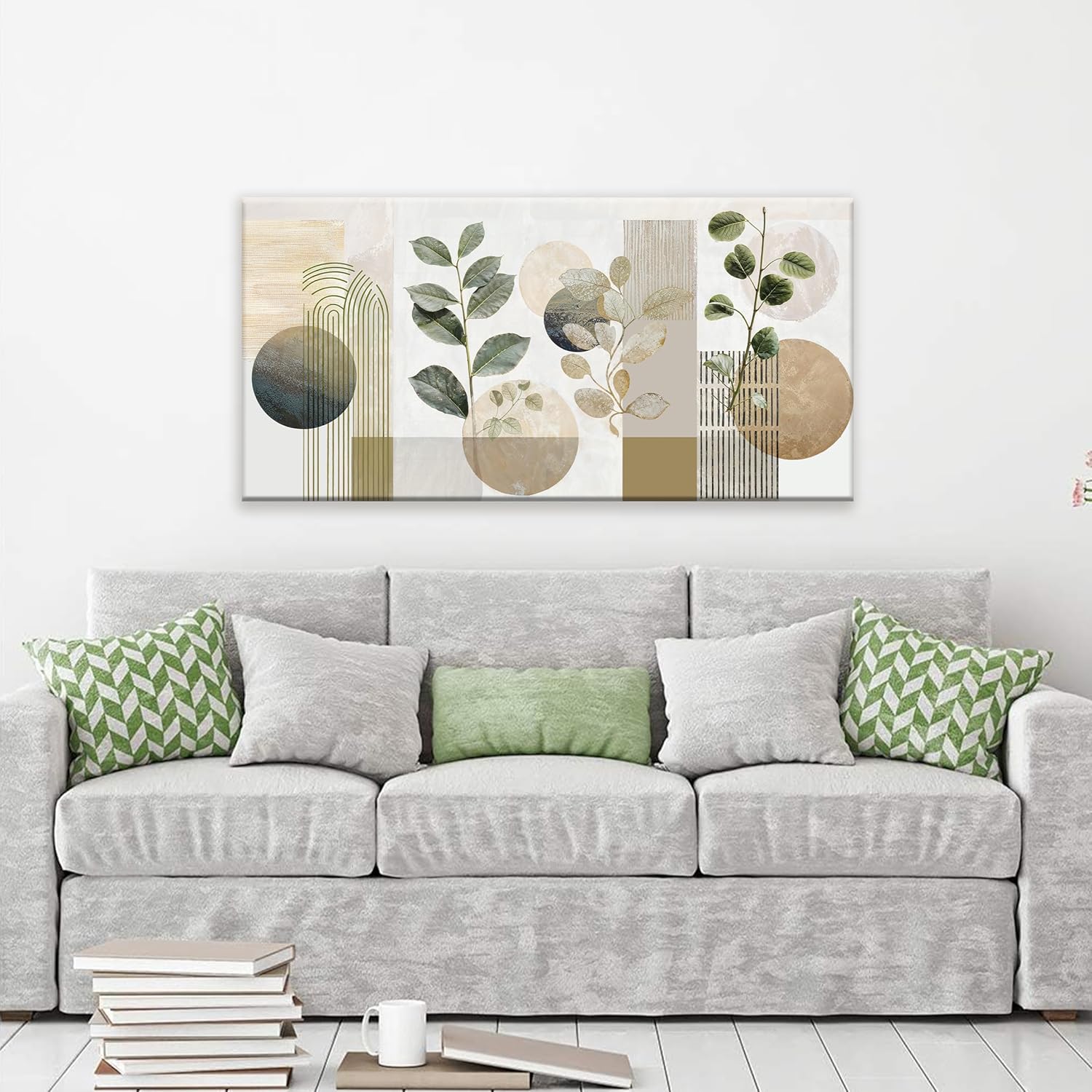 TAIJXAGSG Green Boho Wall Art Minimalist Canvas Wall Art Decor Geometric Line Leaf Beige Green Wall