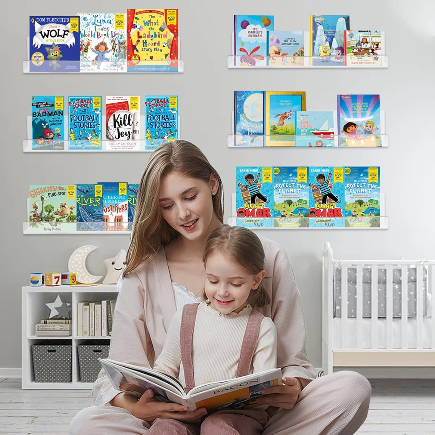 6 Pack Clear Acrylic Floating Shelves for Wall, 15'' Plastic Wall Mounted Display Shelf Kids