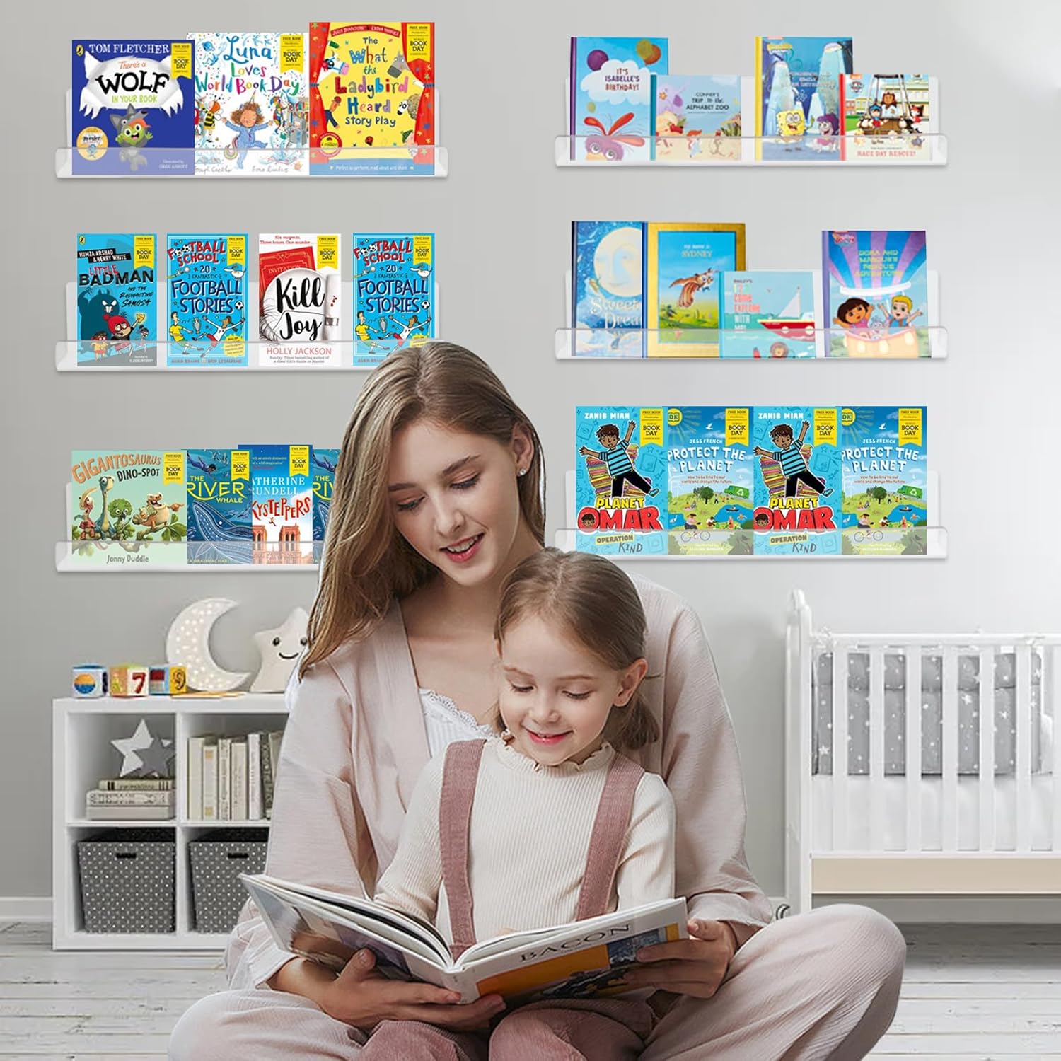6 Pack Clear Acrylic Floating Shelves for Wall, 15'' Plastic Wall Mounted Display Shelf Kids