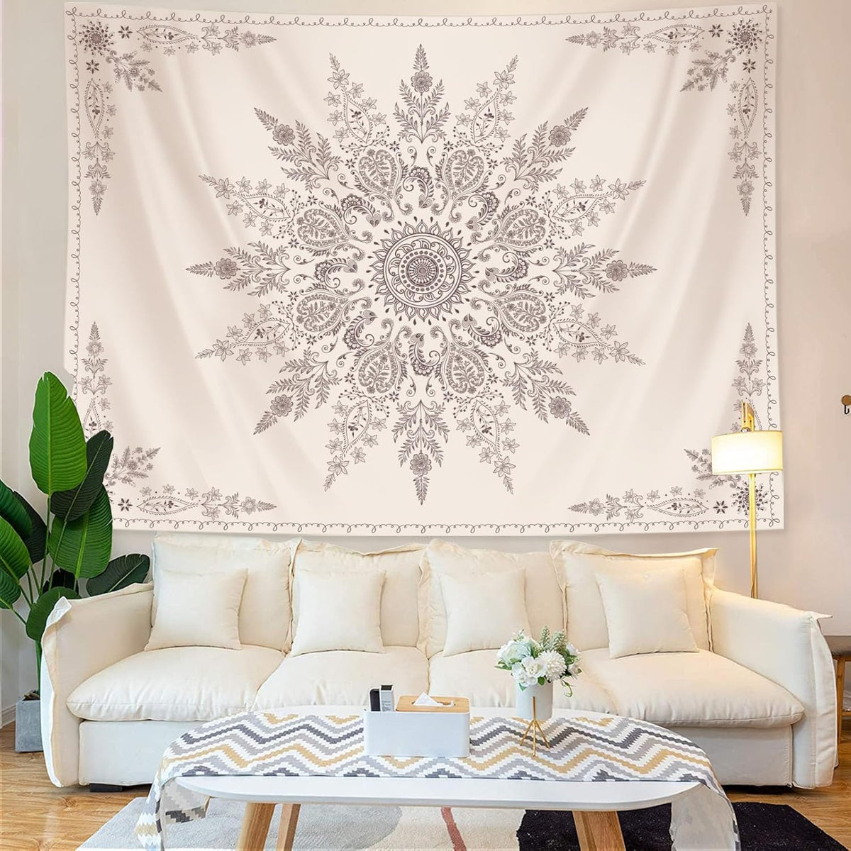Lunerfex Boho Floral Tapestry Mandala Wall Tapestry, Cute Tapestries for Bedroom Beige Flower