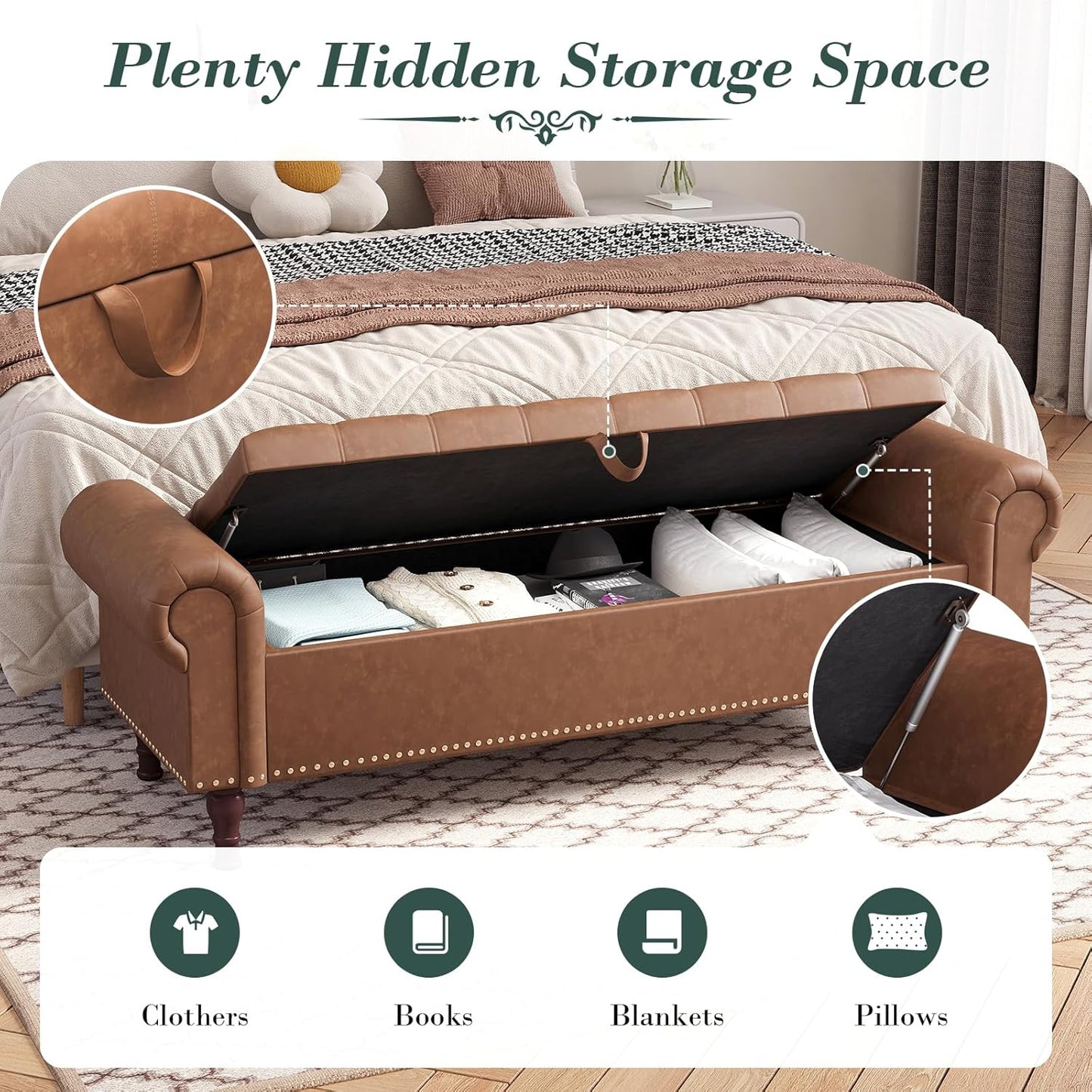 Apicizon 60”Ottoman with Storage, Queen Size End of Bed Storage Bench with Tufted Button