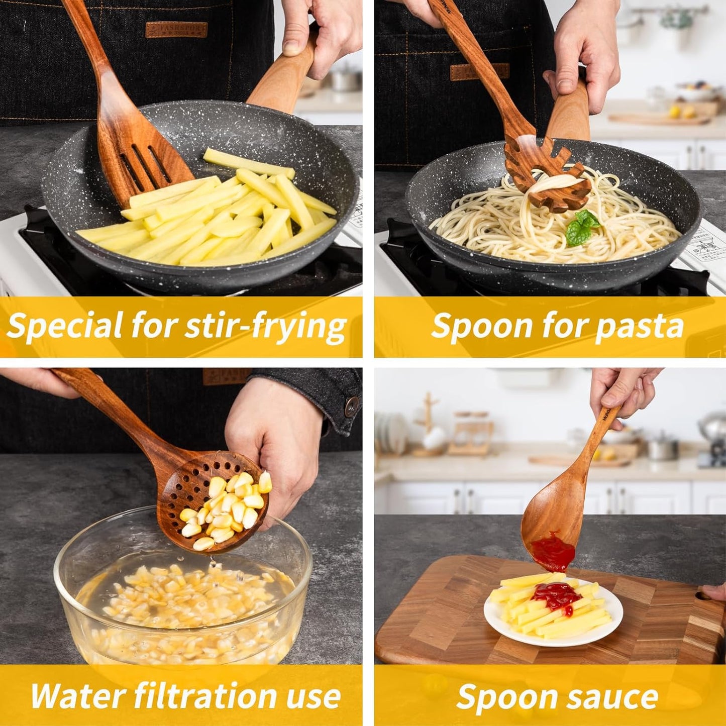 GUDAMAYE 11 PCE Wooden Spoons for Cooking, Wooden Kitchen Utensils Set,Wooden Cooking
