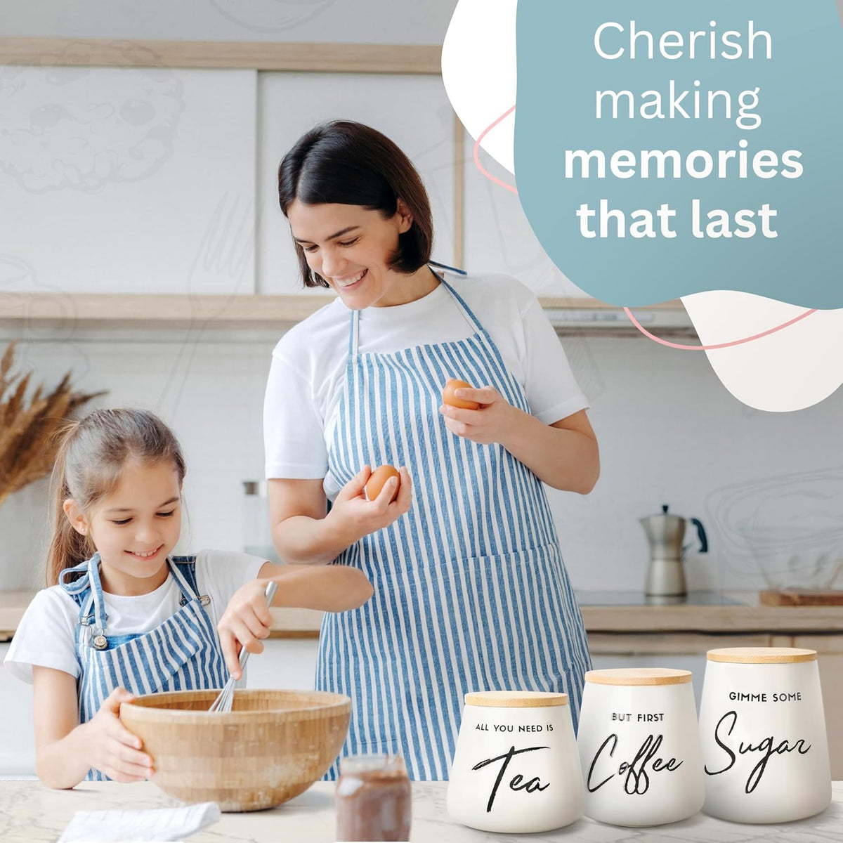 Coffee Tea and Sugar Ceramic Canister Set - 3-Piece Airtight Kitchen Canisters for Countertop