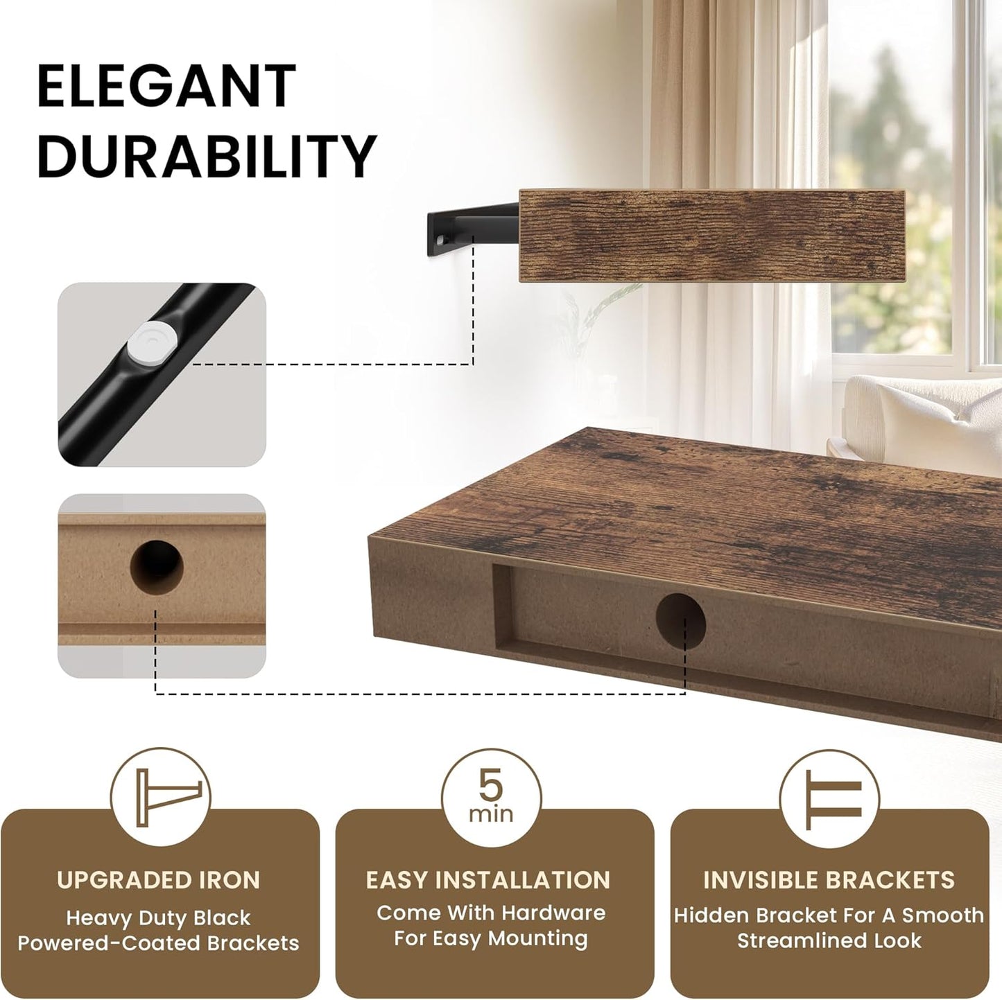 Floating Shelves for Wall, 48"W x 9.3"D x 1.5"H, Wooden Wall Mounted Display Shelf with Invisible