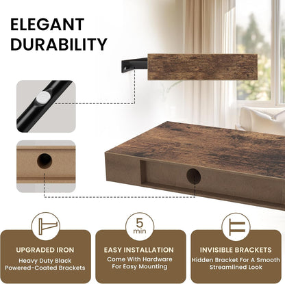 Floating Shelves for Wall, 31.5"W x 6.7"D x 1.5"H, Wooden Wall Mounted Display Shelf with Invisible