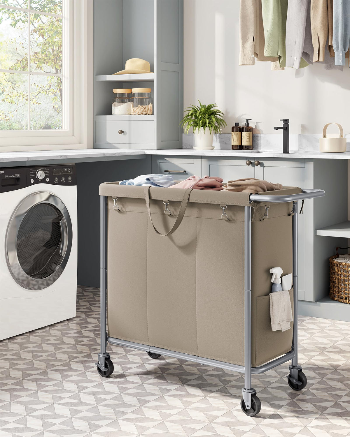 SONGMICS Laundry Basket with Wheels, 3-Section, 52.7 Gallons (199.5 L)