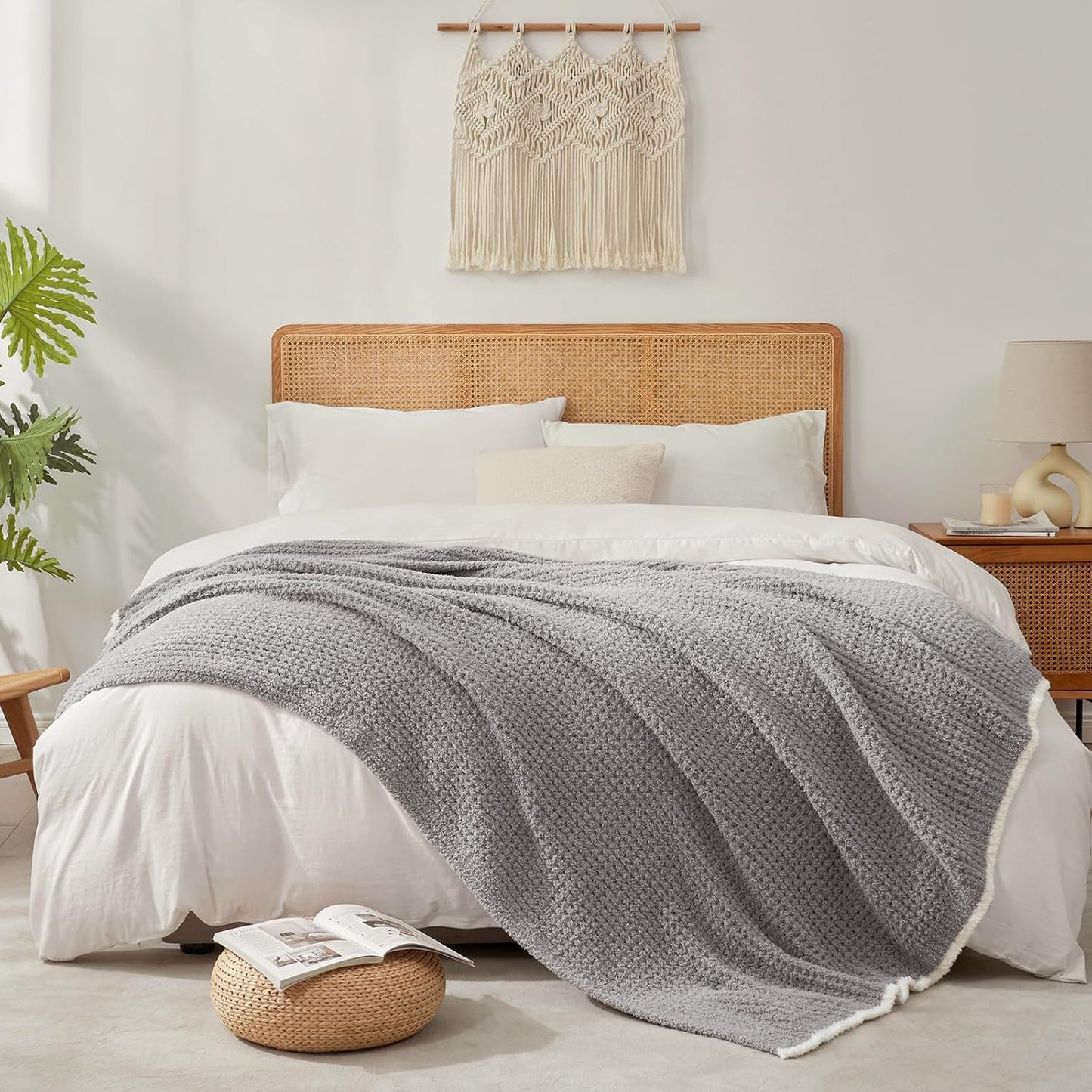 Snuggle Sac Grey Waffle Throw Blanket for Couch Bed Sofa 60x80 inches, Reversible Grey Blanket