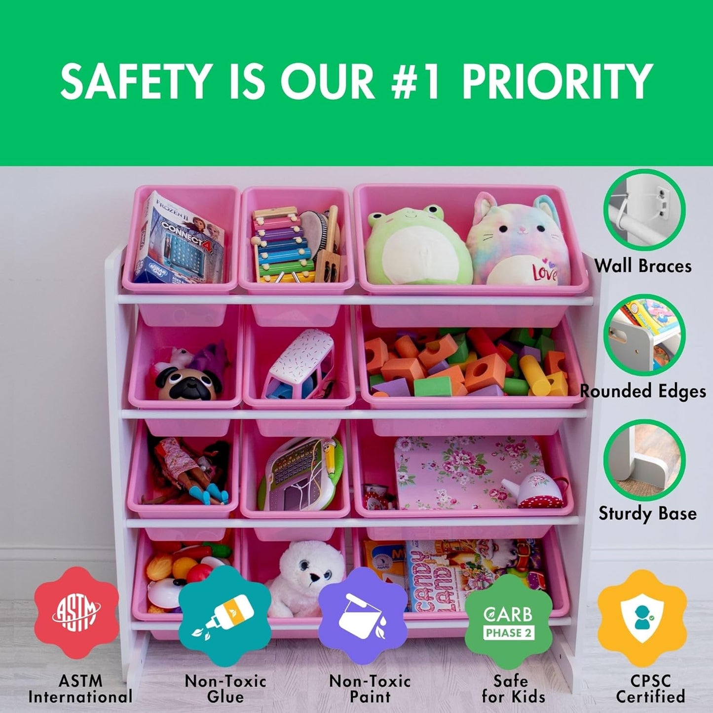 Humble Crew Kids Toy Storage Organizer with 12 Plastic Bins, White/Pink – Removable Bins for