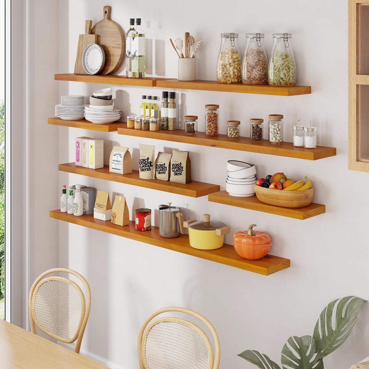 Fun Memories 55 Inches Floating Shelves - 8 Inch Deep Rustic Solid Pine Wood Wall Shelves for