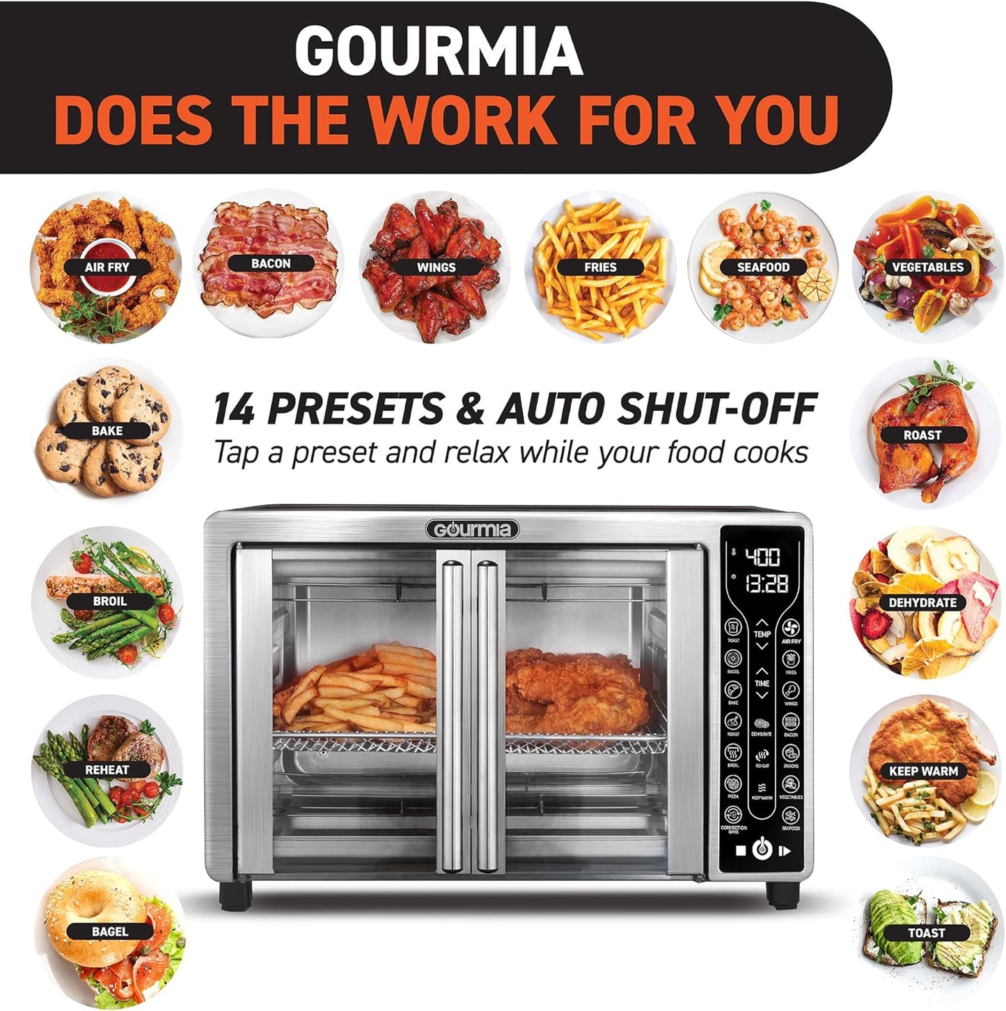 Gourmia Toaster Oven Air Fryer Combo 17 cooking presets 1700W french door digital air fryer oven