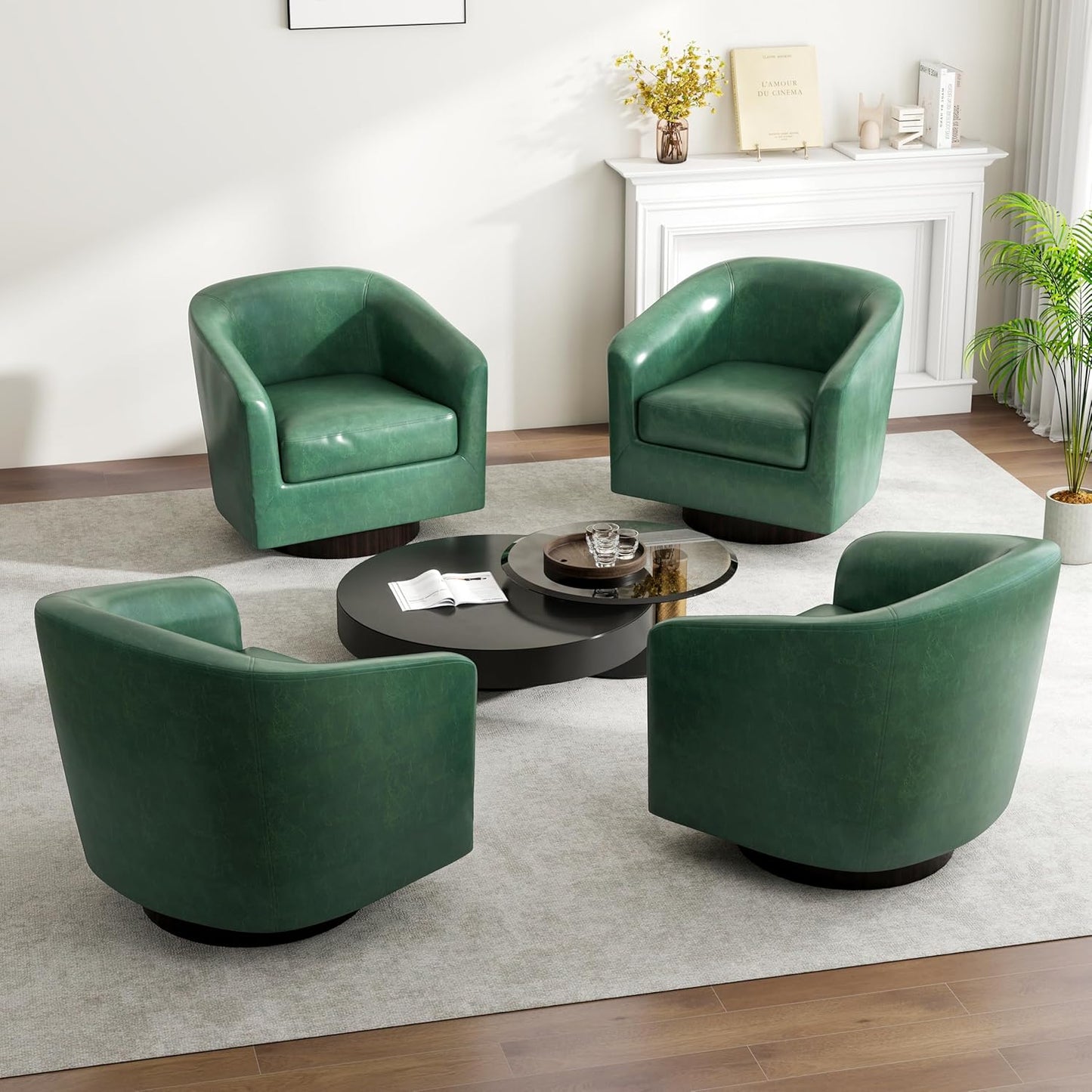 Swivel Barrel Accent Chair, Modern Round Faux Leather Arm Chair for Living Room, Bedroom, Comfy