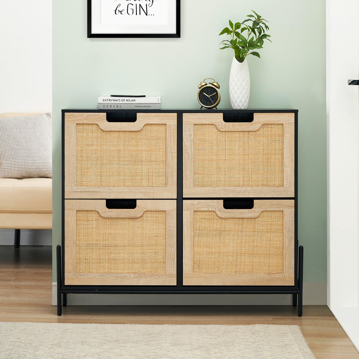 GAOMON Natural Rattan 4 Flip Door Shoe Rack Storage Cabinet, Shoe Cabinet Organizer Freestanding
