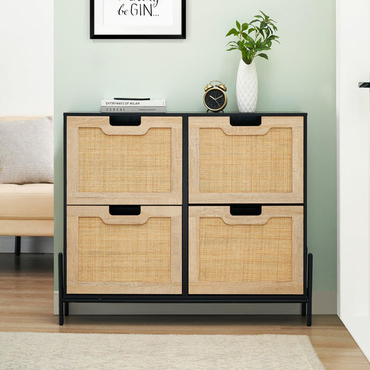 GAOMON Natural Rattan 4 Flip Door Shoe Rack Storage Cabinet, Shoe Cabinet Organizer Freestanding