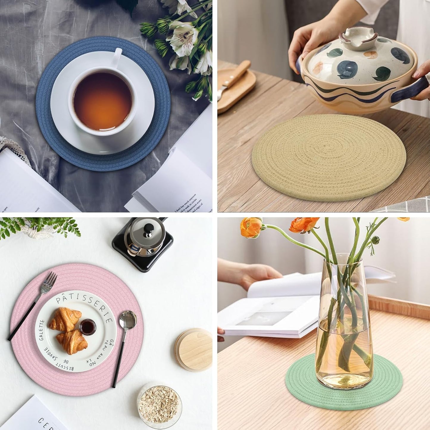 Round Placemats Set of 6, Cotton Rope Woven Table Mats, Hot Pads for Kitchen, Non Slip Heat