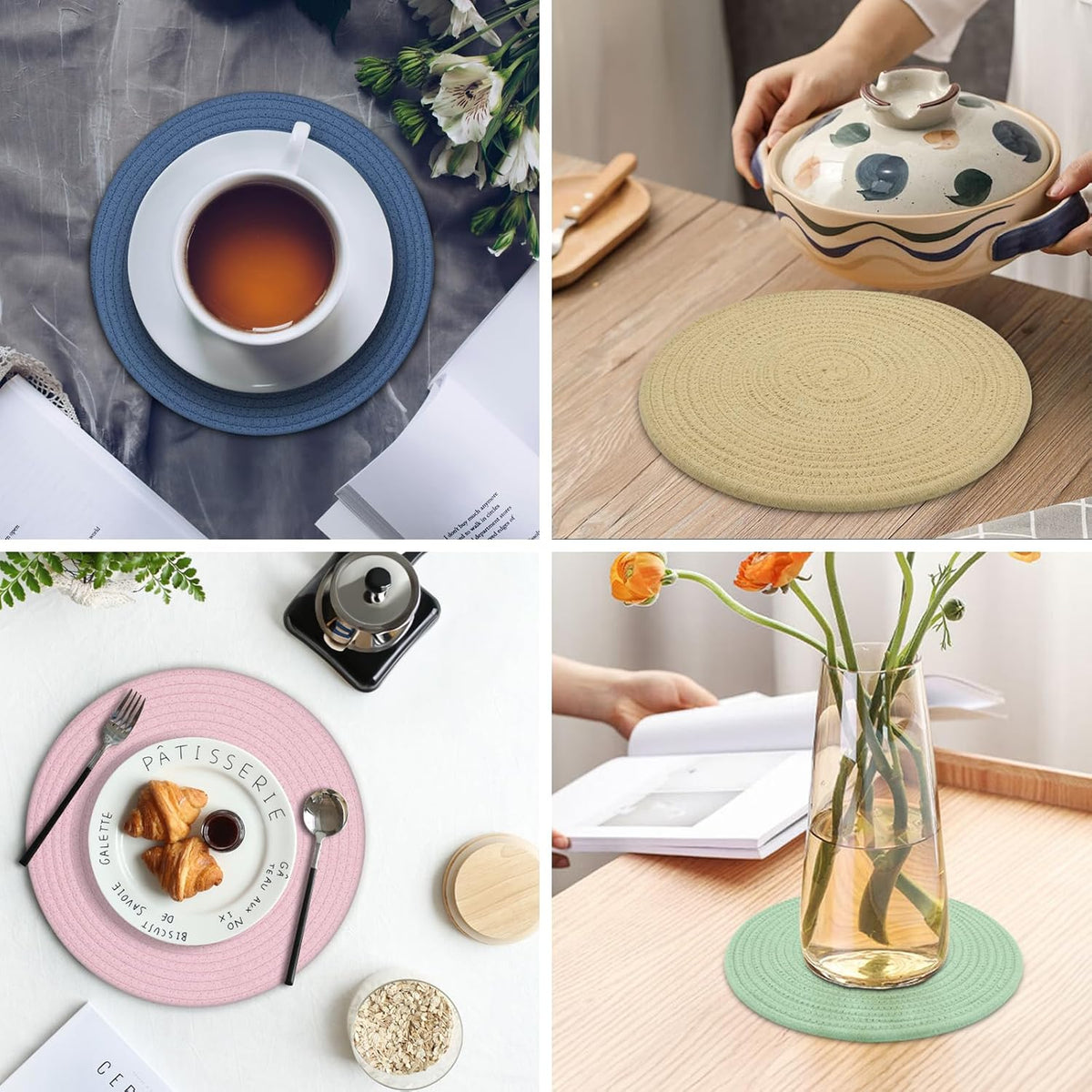Round Placemats Set of 6, Cotton Rope Woven Table Mats, Hot Pads for Kitchen, Non Slip Heat