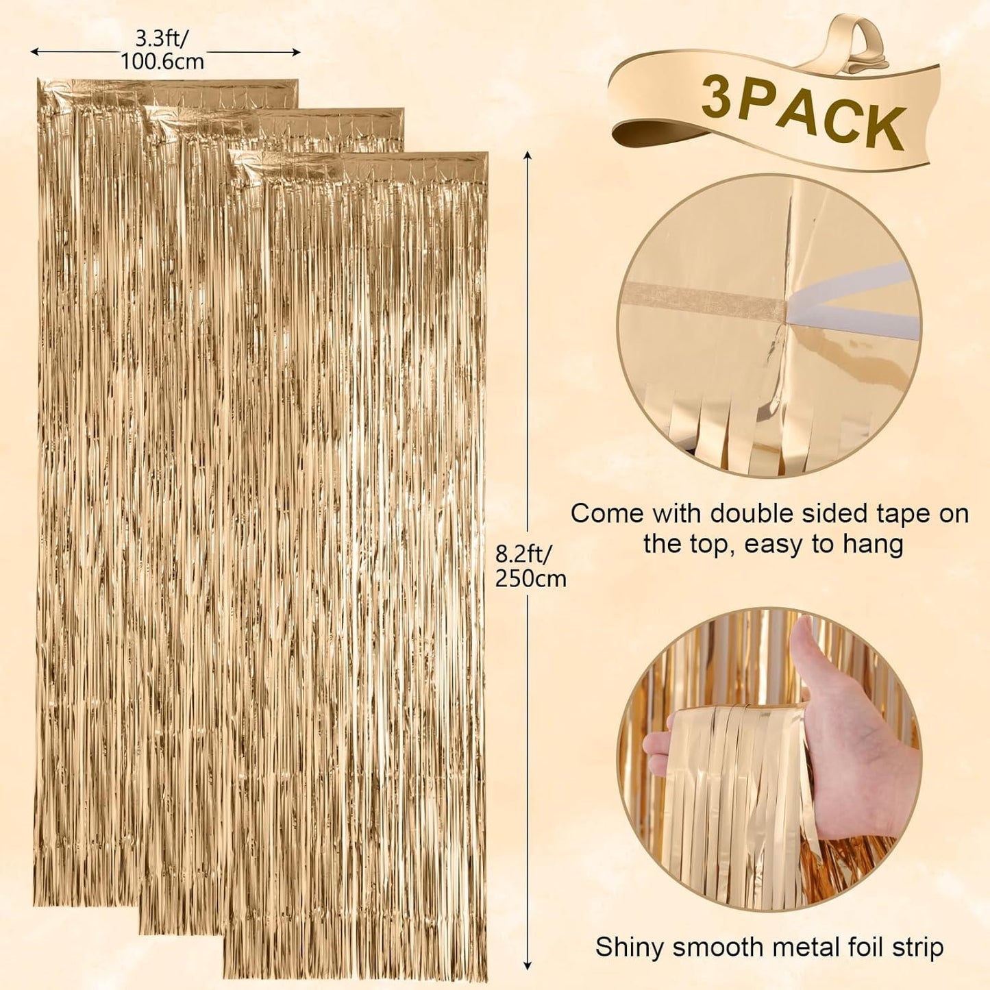 3 Pack 3.3x8.2 Feet Champagne Foil Fringe Backdrop Curtains, Tinsel Streamers Birthday Party