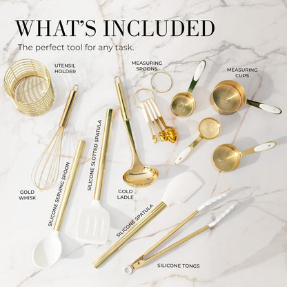 Styled Settings White and Gold Kitchen Utensils Set - 15-Piece BPA free, Non-Scratch, Utensils Set