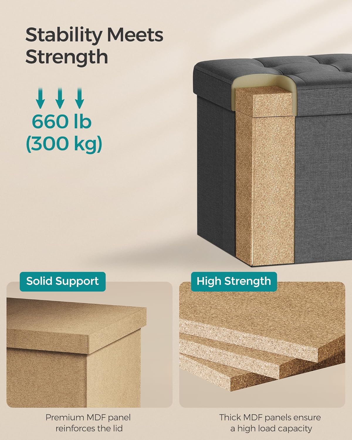 SONGMICS Folding Storage Ottoman Bench，38 x 38 x 38 cm， Ottoman Foot Rest, End of Bed Bench