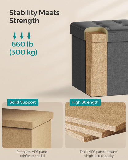 SONGMICS Folding Storage Ottoman Bench，38 x 38 x 38 cm， Ottoman Foot Rest, End of Bed Bench