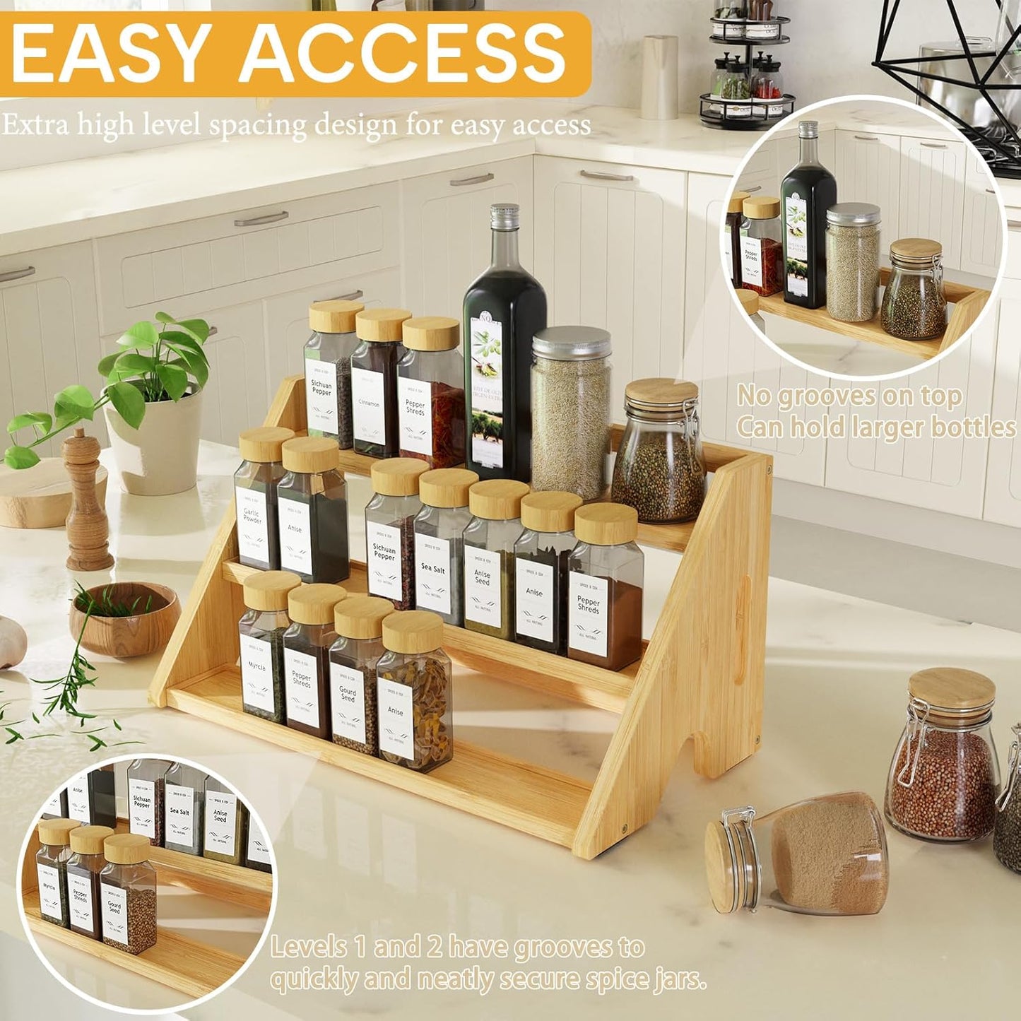 Bamboo Spice Rack Organizer -3-Tier Spice Rack for Countertop,Cabinet Spice Rack Organizer for 27