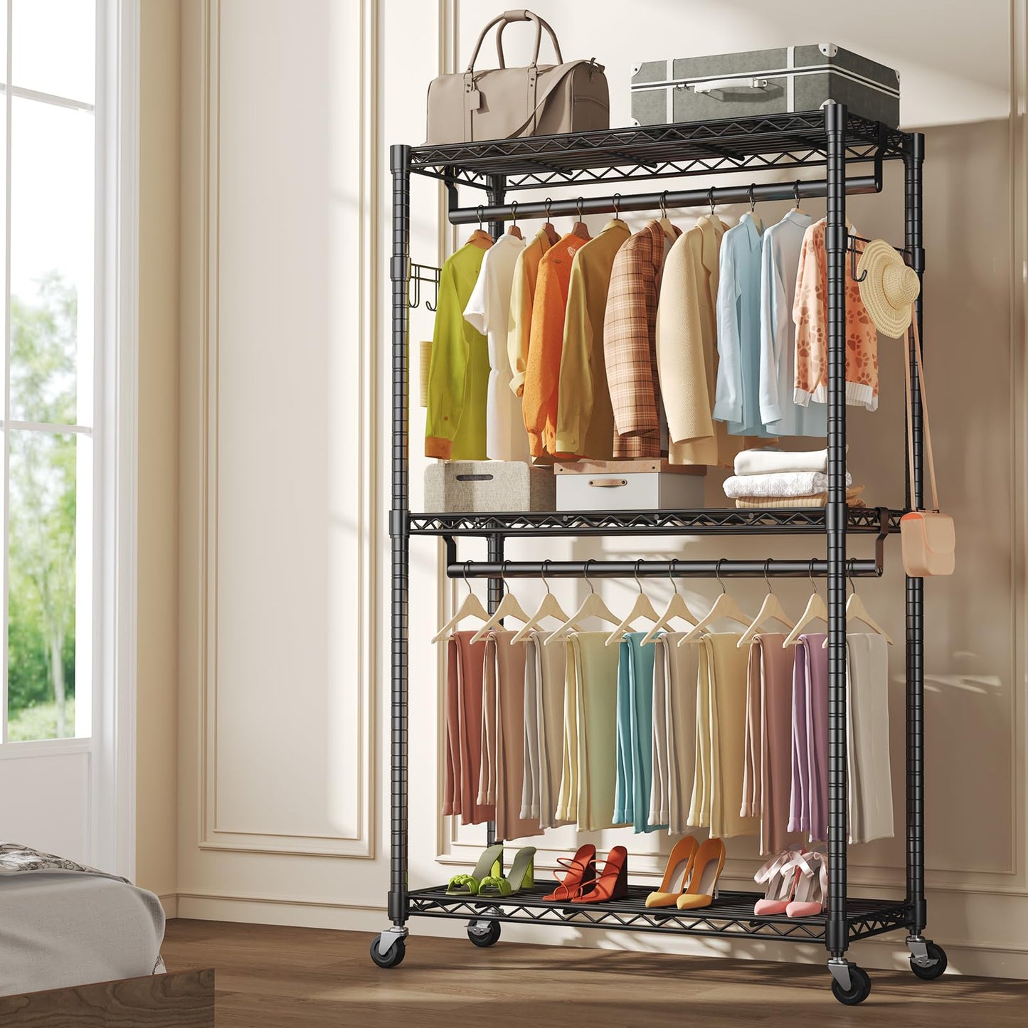 OLIXIS Rolling Clothes Rack, Heavy Duty Garment Rack, 47 IN, Metal Black