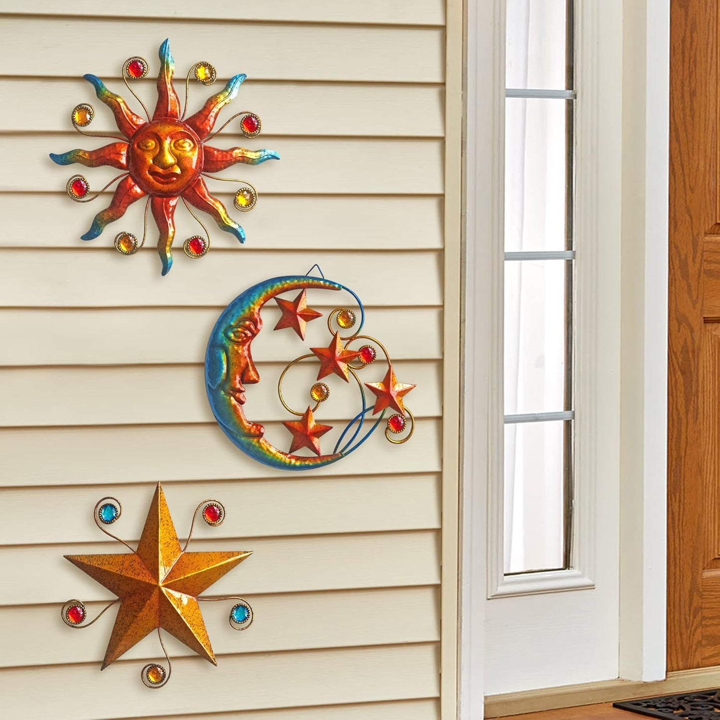 Limygus Metal Wall Art Sculpture, Set of 3 - Celestial Wall Decoration - Sun Moon Star Decorative