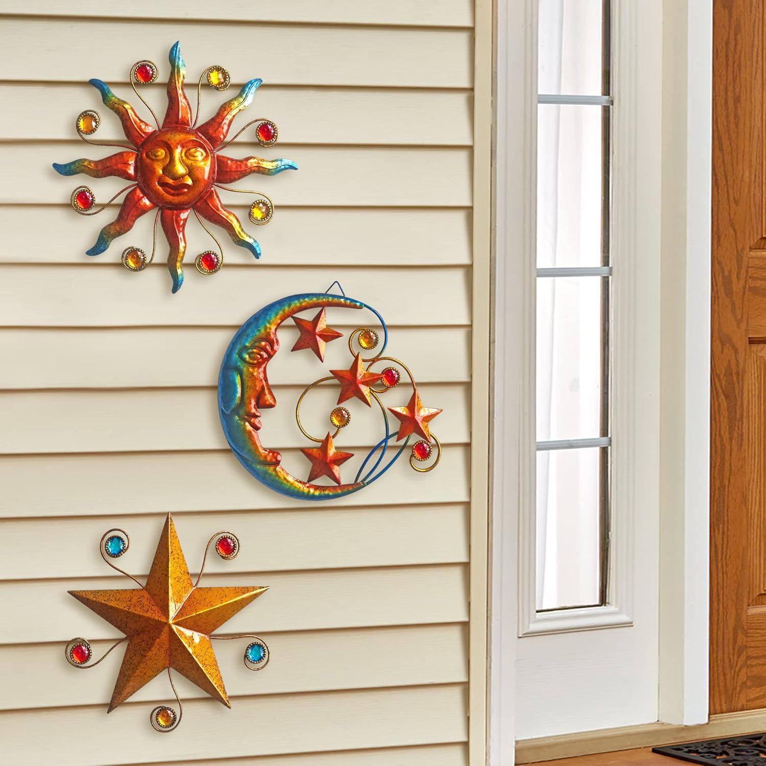 Limygus Metal Wall Art Sculpture, Set of 3 - Celestial Wall Decoration - Sun Moon Star Decorative