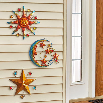 Limygus Metal Wall Art Sculpture, Set of 3 - Celestial Wall Decoration - Sun Moon Star Decorative