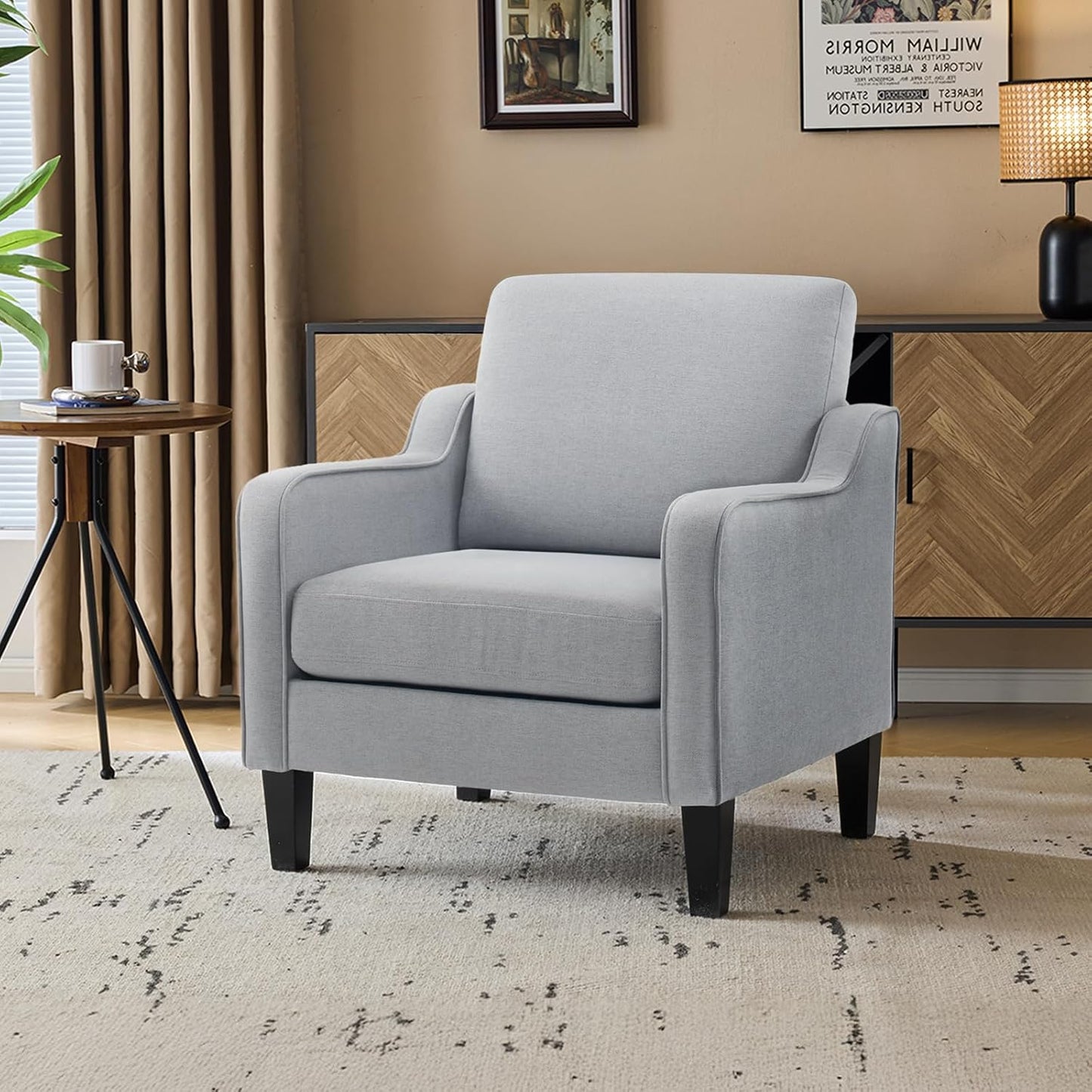 VINGLI Mid Century Modern Accent Chair, Light Grey Fabric Accent Chairs for Living Room Upholstered