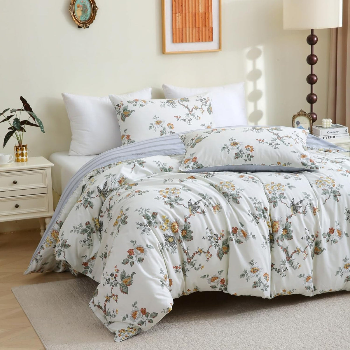 ABREEZE Floral Duvet Cover King Size Set Bird Flowers Bedding Set 100% Brushed Cotton Bedding