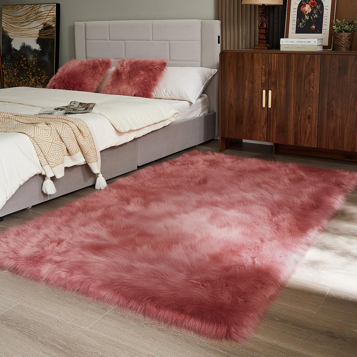 AMTOVO Faux Fur Sheepskin Rug for Living Room, 4 x 6 ft Blush Pink Fluffy Area Rug for Bedroom