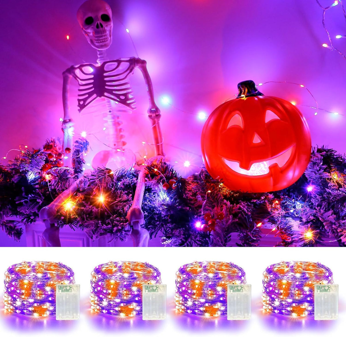 4 Pack 60LED Halloween Fairy Lights Battery Operated - 20FT Twinkle Lights with 2 Lighting Modes