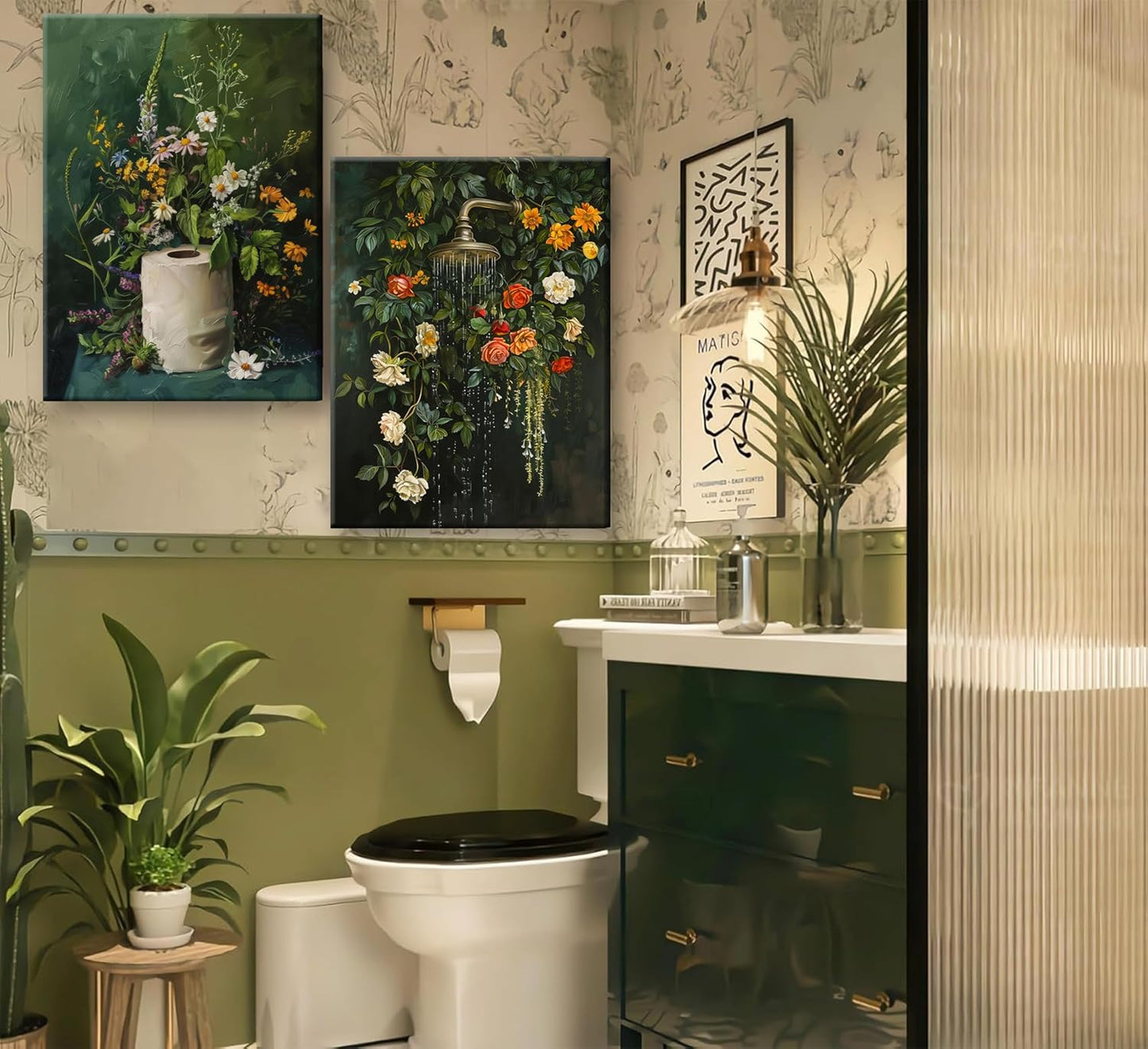 3Pcs Framed Vintage Dark Green Bathroom Wall Art Shower Toilet Paper Roll Floral Poster Print