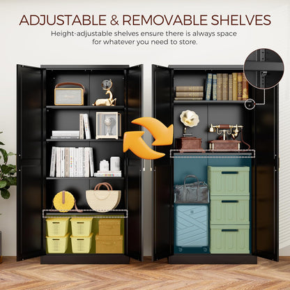 71" Tall Metal Pantry Cabinet, Black Kitchen Pantry Storage Cabinet with 4 Adjustable Shelves and