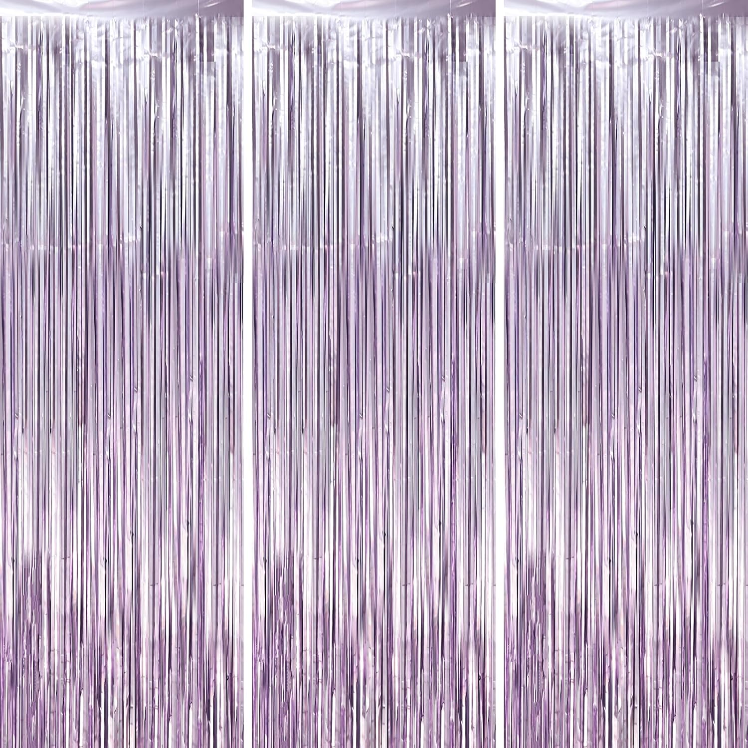3 Pack 3.3 x 8.2 ft Light Purple Foil Fringe Backdrop Curtains, Tinsel Streamers Party Decorations