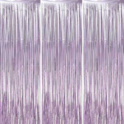 3 Pack 3.3 x 8.2 ft Light Purple Foil Fringe Backdrop Curtains, Tinsel Streamers Party Decorations