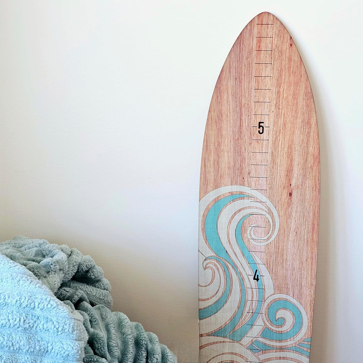 Wooden Surfboard Wall Decor Growth Chart - Surf Board Decor for Kids Room, Wooden Growth Chart for