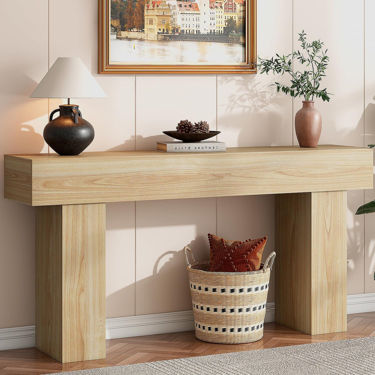 63 Inch Long Console Table for Entryway, Farmhouse Wood Rectangular Sofa Table Behind Couch Table