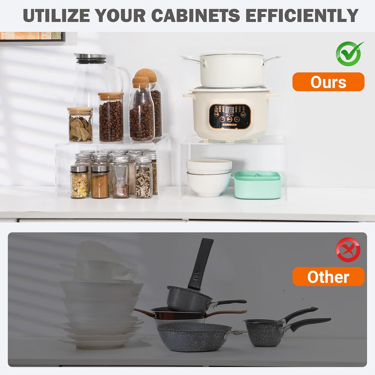 Acrylic Kitchen Cabinet Organizer Shelf, Spice Rack, Plate and Cupboard Storage Riser, Versatile