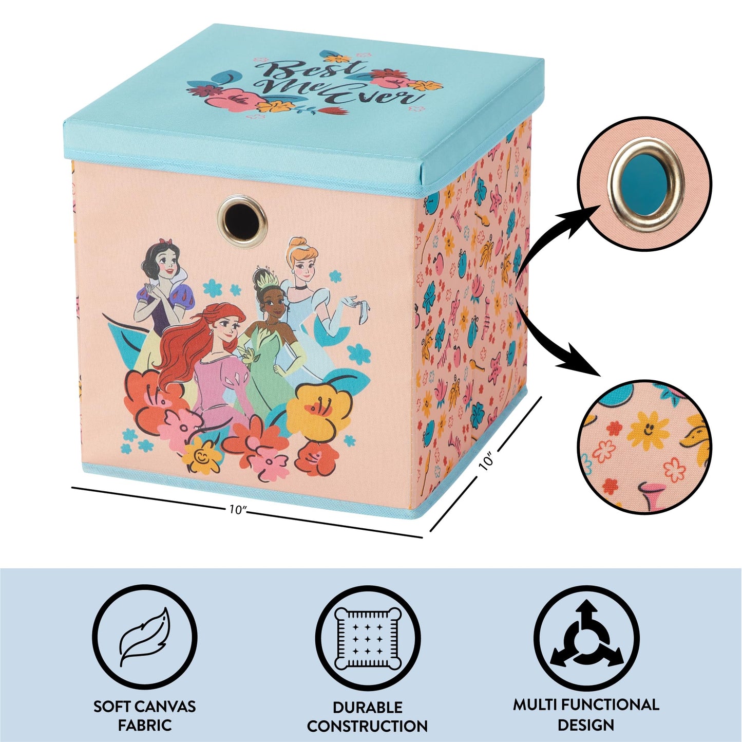 Idea Nuova Disney Princess Collapsible Fabric Storage Cube,10” Organizer Bin with Lid for Bedroom
