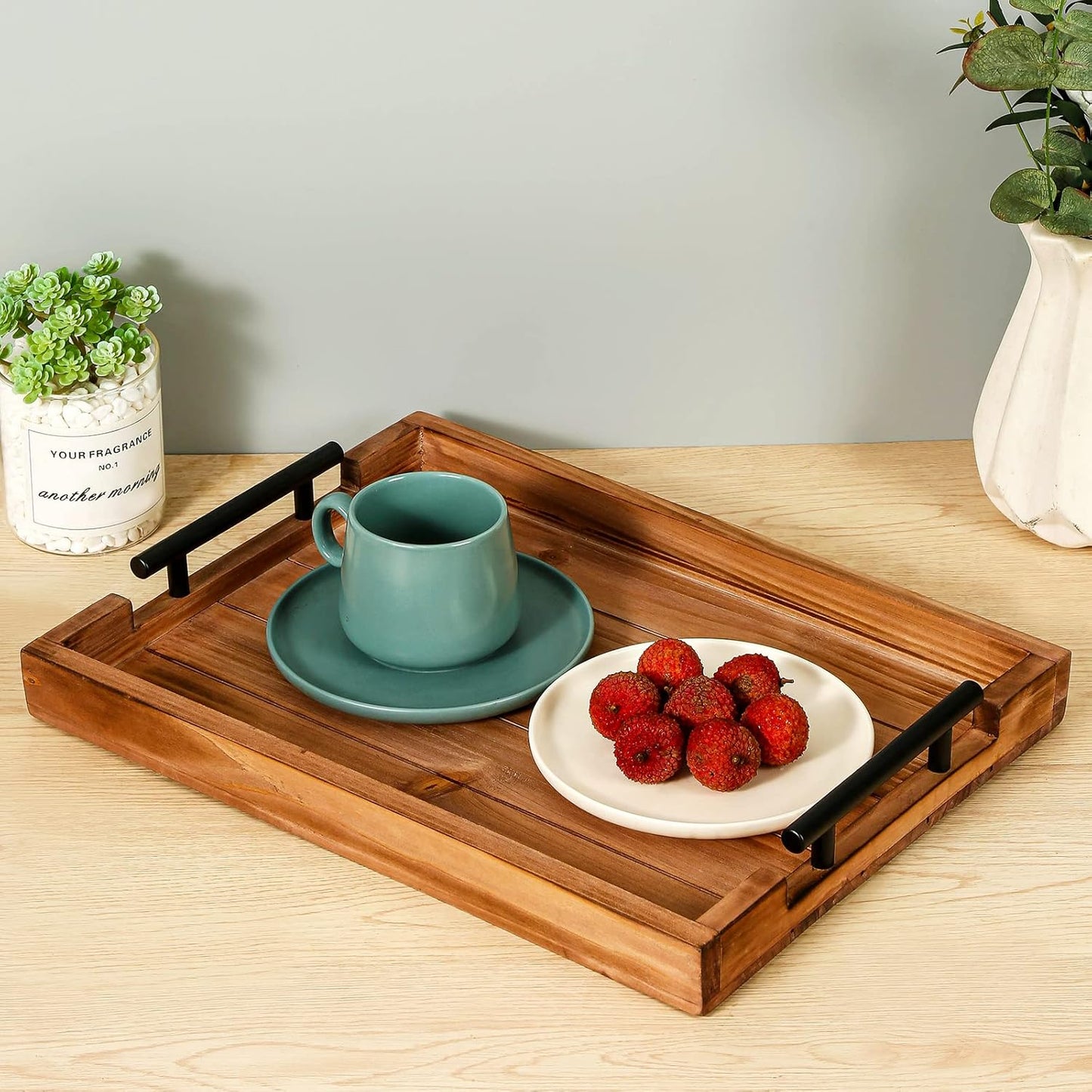 Set of 2 Decorative Nested Wood Vintage Serving Tray with Black Stainless Steel Handles for Eating
