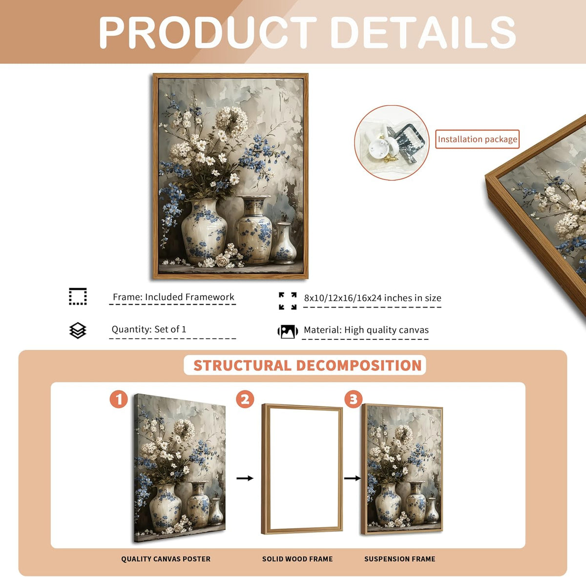 Floating Framed Farmhouse Floral Canvas Wall Art, Vintage Blue and White Flower Pictures Wall