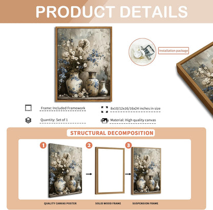 Floating Framed Farmhouse Floral Canvas Wall Art, Vintage Blue and White Flower Pictures Wall