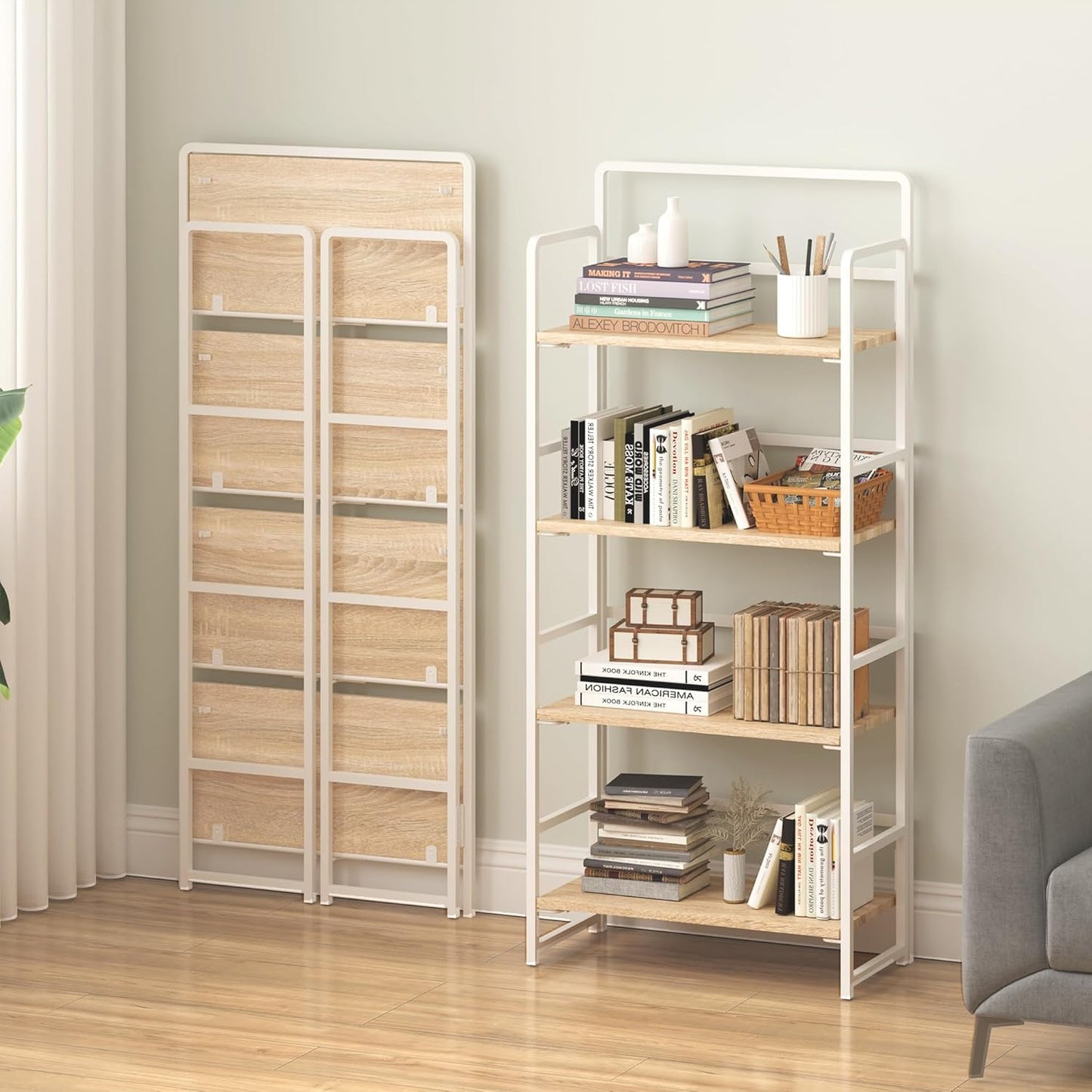 4NM No Assembly Foldable Bookshelf, 4-Shelf Collapsible Bookcase Storage for Small Spaces, 54" H